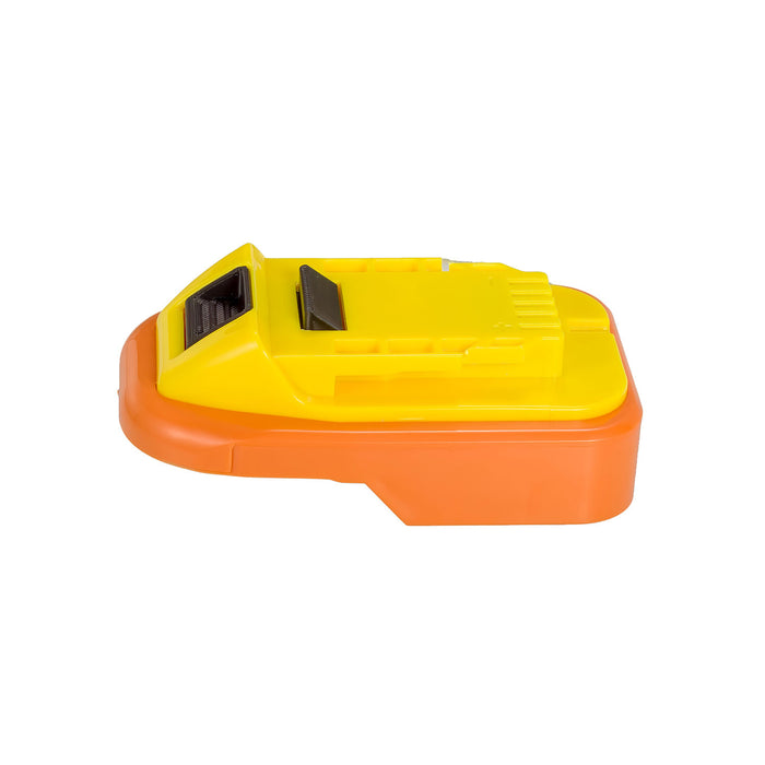 RIDGID 18V to Hercules 20V battery adapter - Hercules tool-side connection, two terminal slots, over the orange base