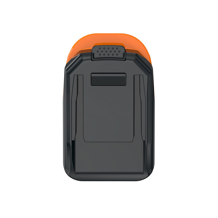 RIDGID 18V to WORX 20V PowerShare (Orange) battery adapter - WORX tool-side connection, front view with the ribbed catch