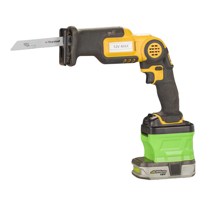 Ryobi 18V ONE+ to DeWalt 12V MAX battery adapter - installed on a reciprocating saw with the battery fitted below