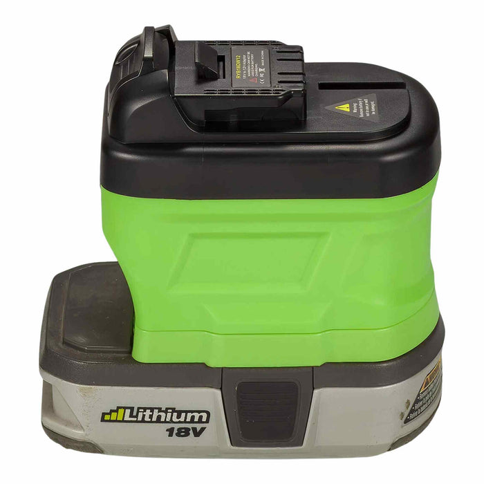 Ryobi 18V ONE+ to DeWalt 12V MAX battery adapter - fitted to the Ryobi 18V ONE+ battery, tool-side face upward