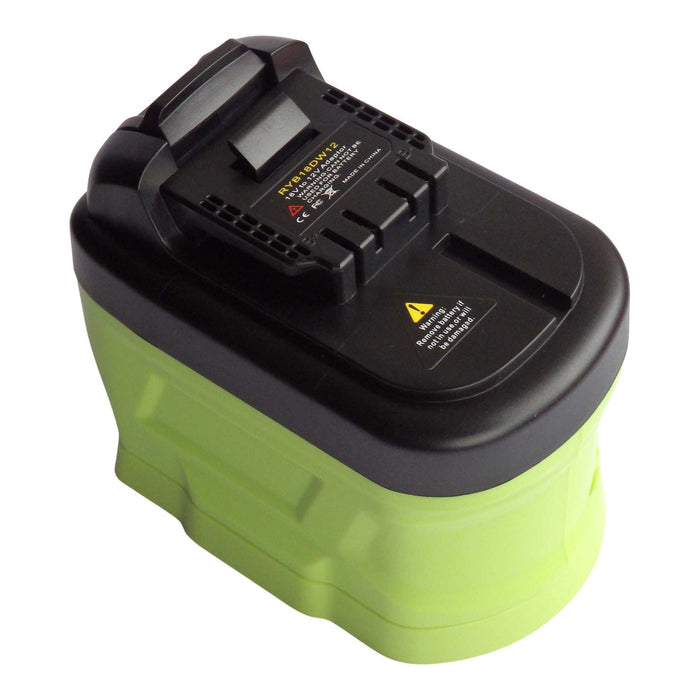 Ryobi 18V ONE+ to DeWalt 12V MAX battery adapter - DeWalt tool-side connection, rail slot and spec label on the black top