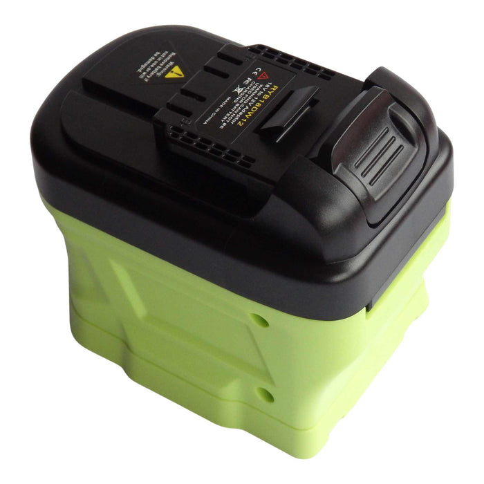 Ryobi 18V ONE+ to DeWalt 12V MAX battery adapter - DeWalt tool-side connection, rail slot and spec label on the black top