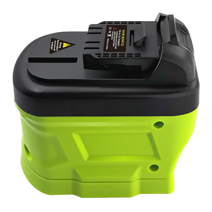 Ryobi 18V ONE+ to DeWalt 12V MAX battery adapter - DeWalt tool-side connection, rail slot and spec label on the black top