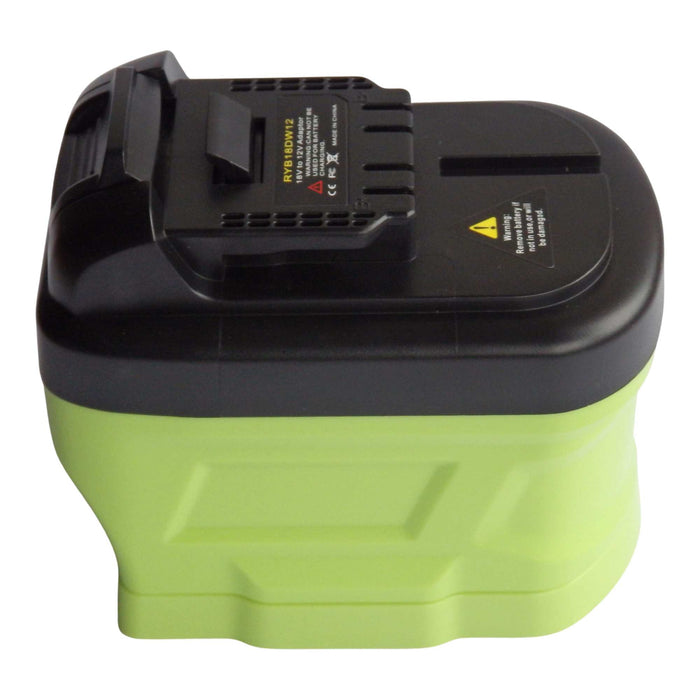 Ryobi 18V ONE+ to DeWalt 12V MAX battery adapter - DeWalt tool-side connection seen from above, rail slot and spec label