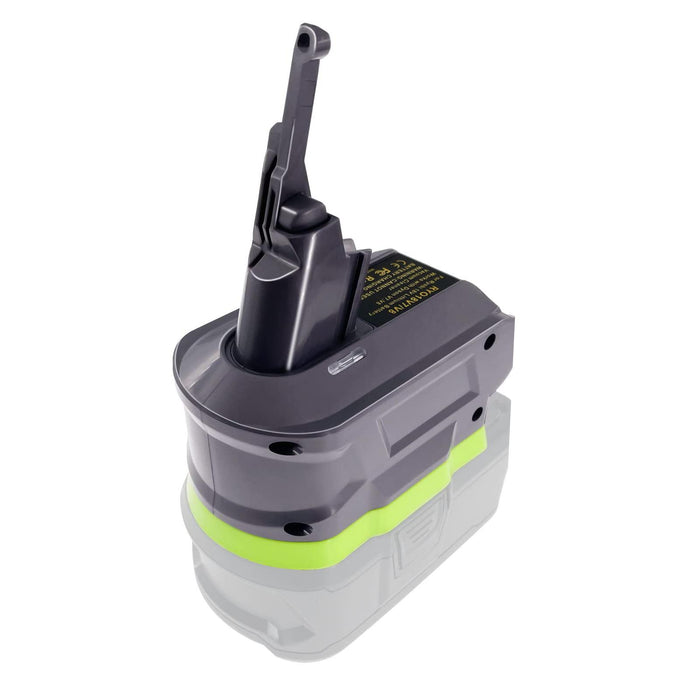 Ryobi 18V ONE+ to Dyson V8 battery adapter - Dyson tool-side stem with hooked release lever, faded battery outline below