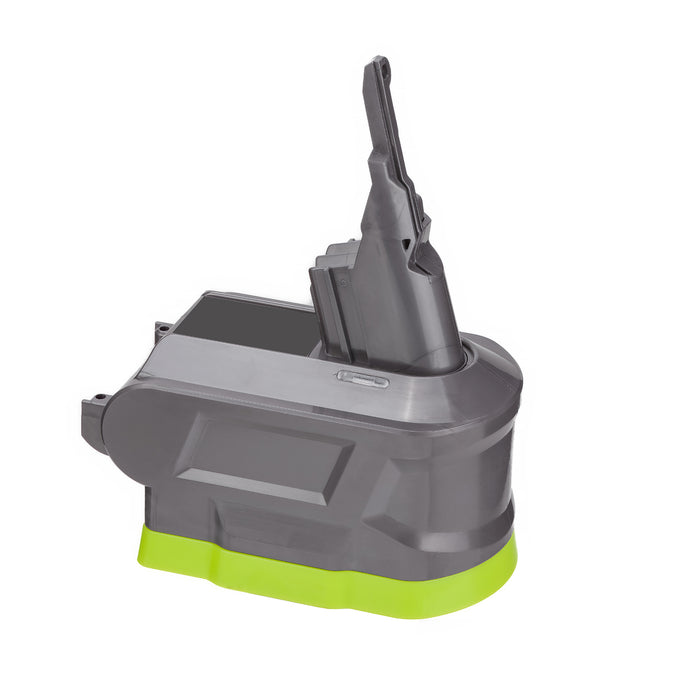 Ryobi 18V ONE+ to Dyson V8 battery adapter - three-quarter view, Dyson tool-side stem upward over the battery-side base