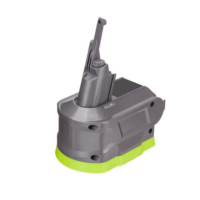 Ryobi 18V ONE+ to Dyson V8 battery adapter - three-quarter view, Dyson tool-side stem upward over the battery-side base