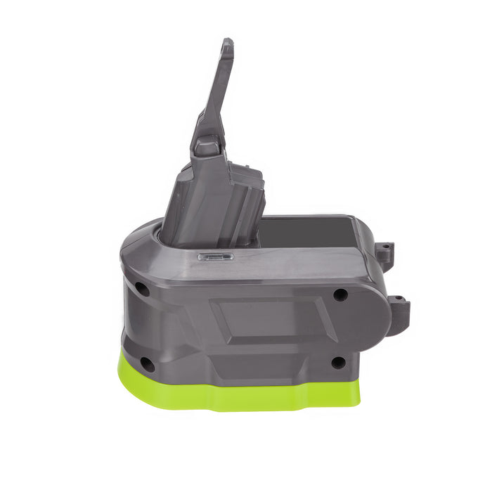 Ryobi 18V ONE+ to Dyson V8 battery adapter - side view, Dyson tool-side stem upward over the battery-side base