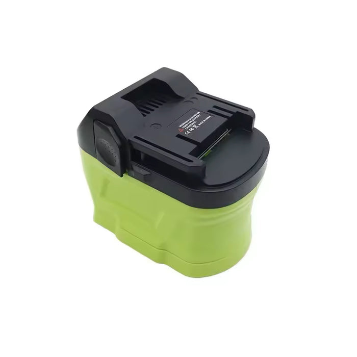 Ryobi 18V ONE+ to Metabo HPT 18V battery adapter - three-quarter view, Metabo HPT tool-side connection, dimpled release pad