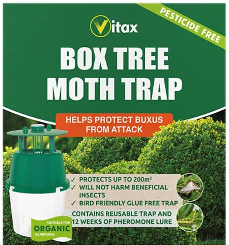 Vitax Box Tree Moth Trap green box with yellow sticky card and hanging hook, product at Pengelly Garden Centre Cornwall